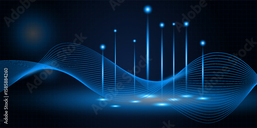 Vector illustration of futuristic digital technology background with glowing dots floating on digital landscape and wave wireframe above for game graphic and advertising artwork.