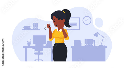 A woman in an office setting experiences an allergic reaction, showing discomfort and irritation with her hand raised.