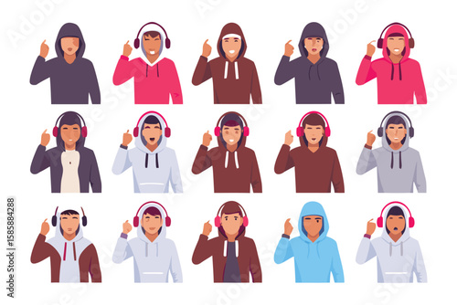 Diverse Youthful Expressions: A collection of diverse young adults with headphones on, illustrating a wide array of moods and reactions using expressive hand gestures.
