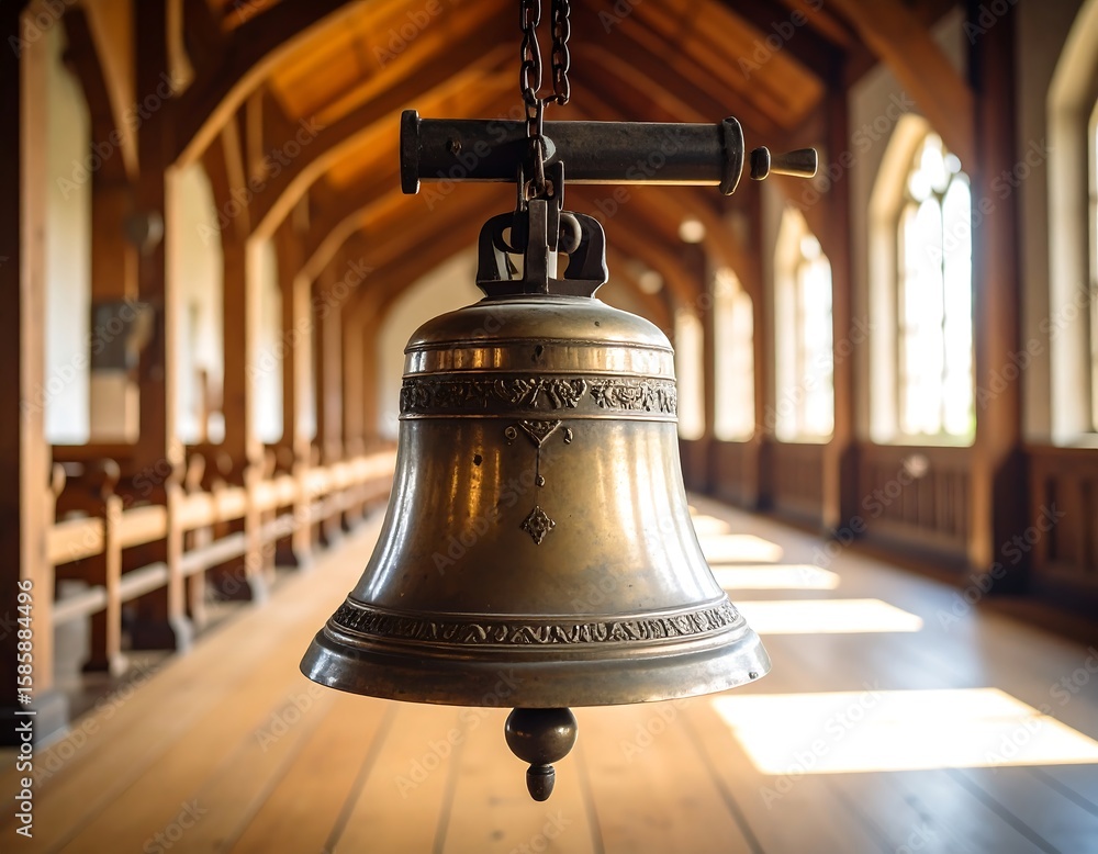 Fototapeta premium Antique bell hangs in a wooden hallway