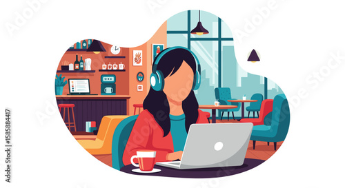 Young woman with headphones works on a laptop in a cozy cafe, enjoying coffee and a pleasant atmosphere.