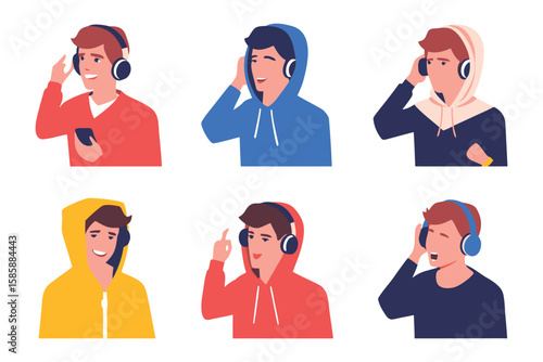 Joyful Tunes: A collection of diverse young men immersed in the world of music, their faces lighting up with the pleasure of listening through headphones.