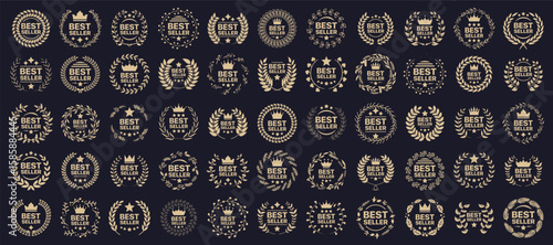 Best seller badge collection. Set of laurel wreath labels with crowns and stars for bestseller promotion, golden design on dark background