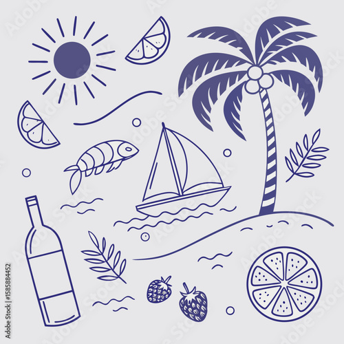 Fun and stylish summer vacation design in hand-drawn outline with palm leaves, cocktails, and boats. Seamless tropical pattern for seasonal fashion, product design, and branding visuals.


