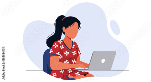 A woman with dark hair, wearing a red floral pajama set, works on her laptop computer at a desk, with a light blue background in a modern illustration.