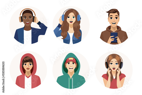 Music Enthusiasts: A collection of six illustrated individuals immersed in the world of music, headphones adorning their ears, each showcasing a unique style and expression.