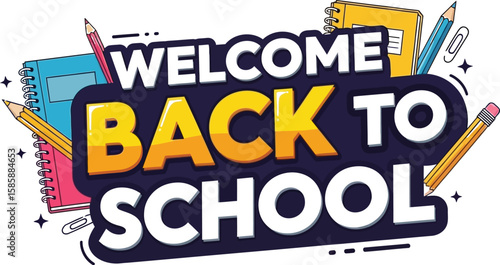Welcome back to school design featuring colorful notebooks, pencils, and a paper clip, perfect for educational materials, school promotions, and creative projects.