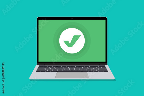 Laptop with checkmark icon. Computer screen showing green check mark for approval, completed task, or system verification