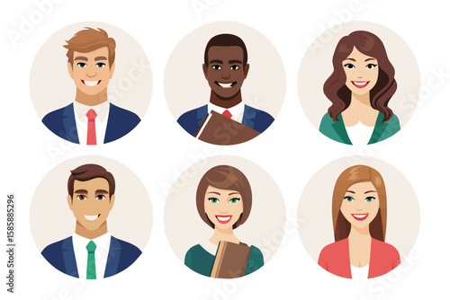 Diverse Avatars: A collection of six unique avatars represents a diverse group of individuals, each with their own characteristics, united in their shared professional setting.