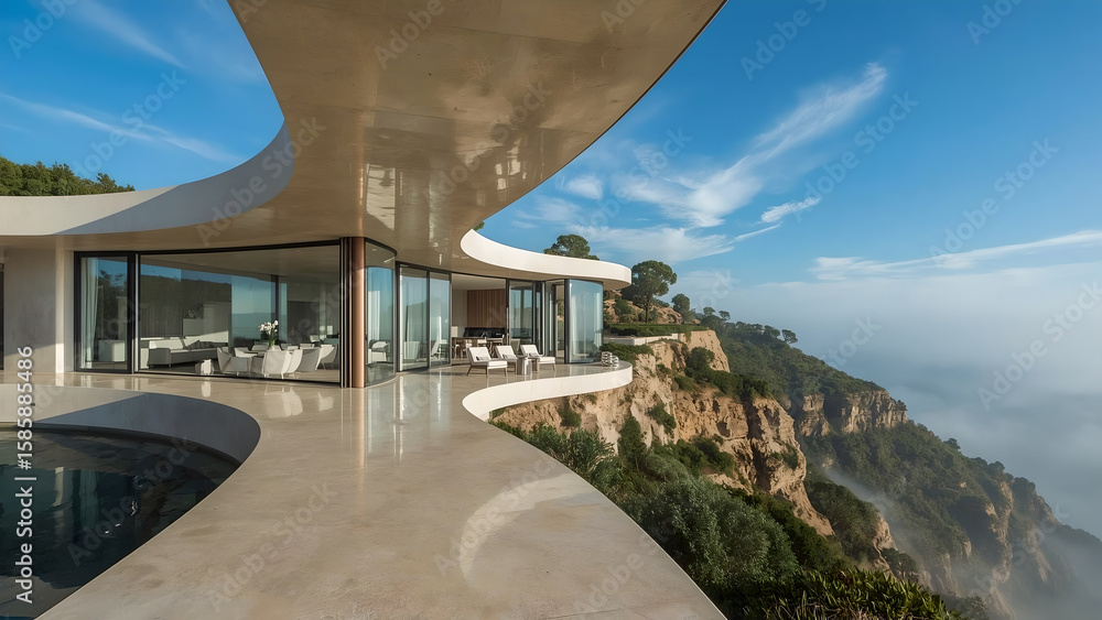 Fototapeta premium Modern Cliffside Home with Infinity Pool and Panoramic Ocean View