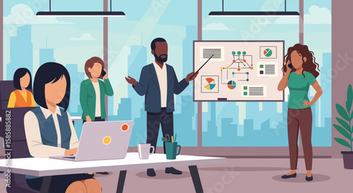 Business colleagues engage in a productive meeting and individual tasks within a contemporary office space overlooking a bustling city.