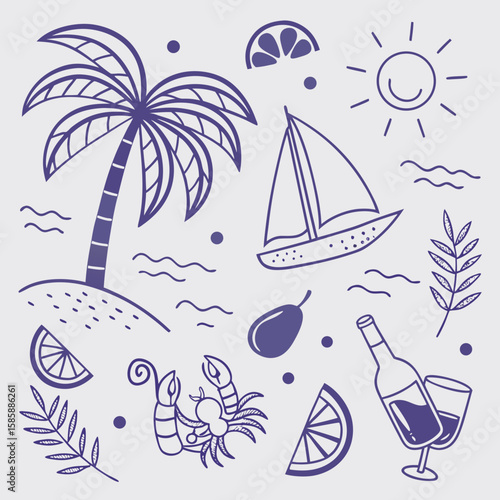 Fun and colorful hand-drawn tropical vacation pattern with drinks, coconuts, palm trees, and boats. Summer icon design ideal for seamless packaging, product labels, and digital media assets.

