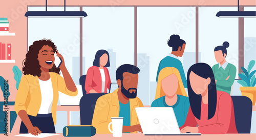 A diverse group of colleagues are actively collaborating and working productively in a modern, bright, and open-plan office environment.