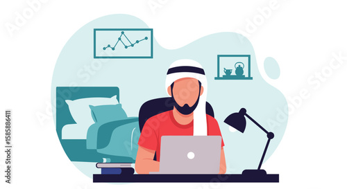 Middle Eastern man working remotely from home office with laptop, charts and bed in background, modern lifestyle illustration.