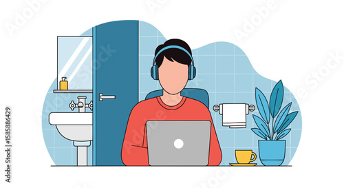 A person wearing headphones works diligently on a laptop in a surprisingly unconventional home office setup within a bathroom.