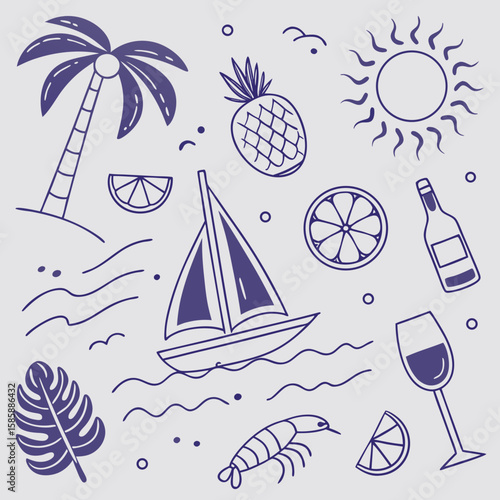 Hand-drawn tropical summer vacation elements including cocktails, boats, seashells, and palm trees in outline style. Seamless pattern perfect for creative branding, prints, and web designs.

