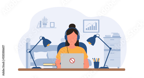 A young woman with headphones works on a laptop at a desk in her bedroom, surrounded by lamps, books, and a chart, representing remote work and productivity.
