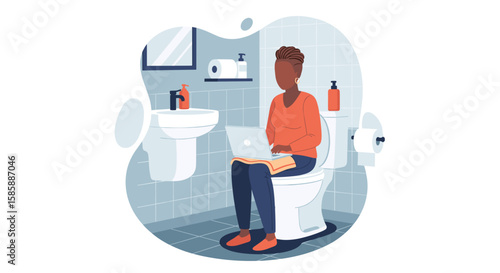 A person is sitting on a toilet in a bathroom, diligently working on a laptop, illustrating the modern challenges of remote work and multitasking from home.
