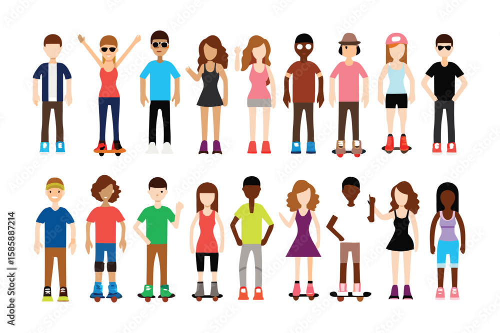 Diverse Collection of People: A vibrant collection of people illustrations, showcasing diversity in appearances, poses, and clothing, perfect for representing a wide range of personalities and styles. Diverse Collection of People: A vibrant collection of people illustrations, showcasing diversity in appearances, poses, and clothing, perfect for representing a wide range of personalities and styles.