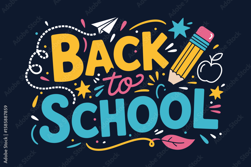 Obraz premium Back to School Vector Illustration with Colorful Typography, Books, Stationery and Educational Elements