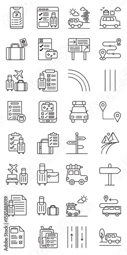 Road Trip Packing Essentials set of web icons in line style. road trip packing, road trip checklist, car travel essentials and travel gear. Vector illustration