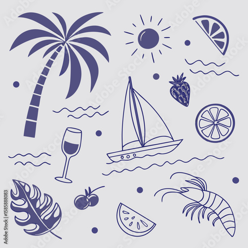 Hand-drawn seamless tropical pattern with boats, cocktails, palm trees, and exotic fruits. Cute summer vacation icons perfect for design resources, packaging, and summer-themed merchandise.

