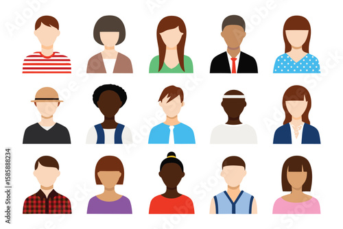 Diverse Avatar Set: Collection of diverse and gender-neutral avatar icons for online profiles, websites, and applications.  Each avatar features unique hairstyles and clothing.