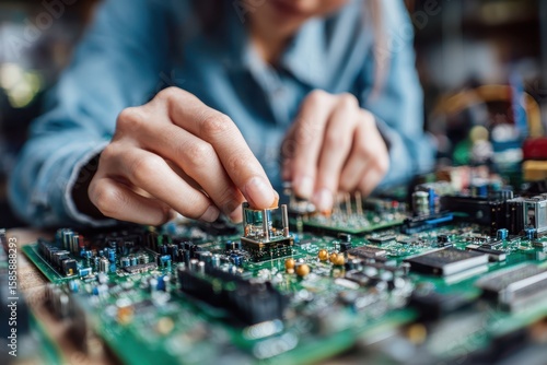 Unemployment Training Program concept. Close-up of a person assembling components on a circuit board.