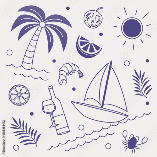 Cute and charming tropical summer icons featuring boats, drinks, coconuts, and palm trees. Whimsical hand-drawn pattern for seamless design, travel branding, and packaging visuals.

