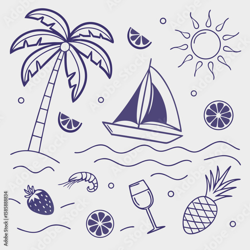 Playful tropical vacation icon set with cocktails, boats, palm leaves, and pineapples. Hand-drawn summer elements for seamless designs, perfect for creative branding and stationery products.

