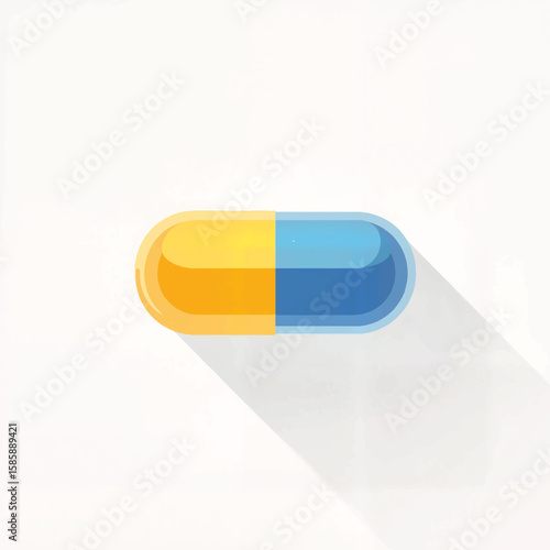 Colorful capsule pill with yellow and blue halves on white background  
