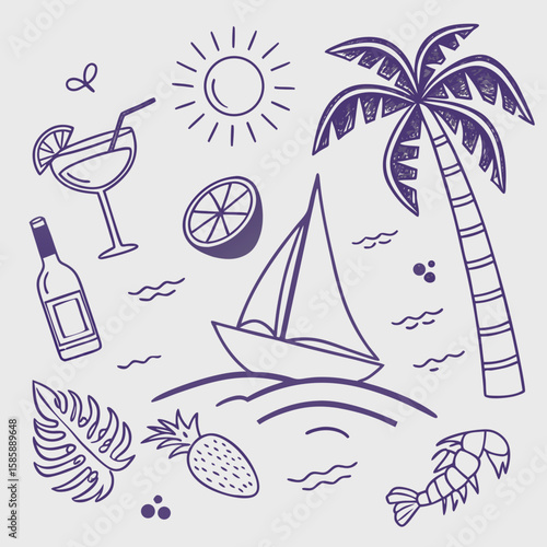 Trendy tropical summer icon set with cocktails, palm trees, boats, and island elements. Hand-drawn and seamless pattern style perfect for fun seasonal branding, fashion, and lifestyle designs.

