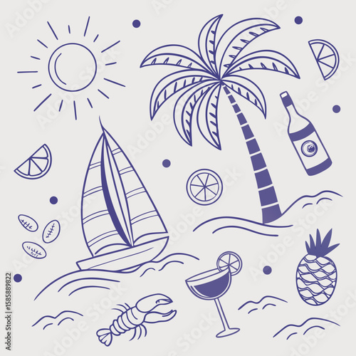 Hand-drawn tropical pattern with sailing boats, fruity cocktails, and palm trees. Fun and relaxing island scene in modern outline style for seamless vacation-themed graphics and branding.

