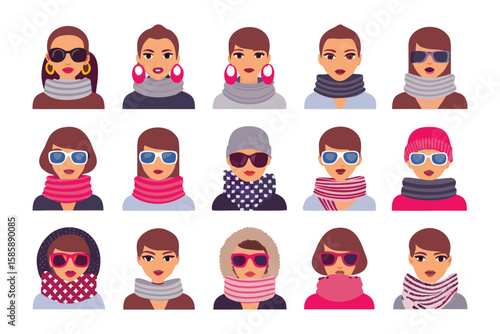 Fashion Icon Collection: A vibrant illustration showcasing diverse women adorned with stylish scarves, chic sunglasses, and fashionable accessories, embodying elegance and trendiness.