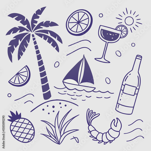 Modern tropical vacation scene with sailing boats, palm trees, and exotic fruits in hand-drawn style. Playful outline pattern perfect for surface designs, branding kits, and creative assets.

