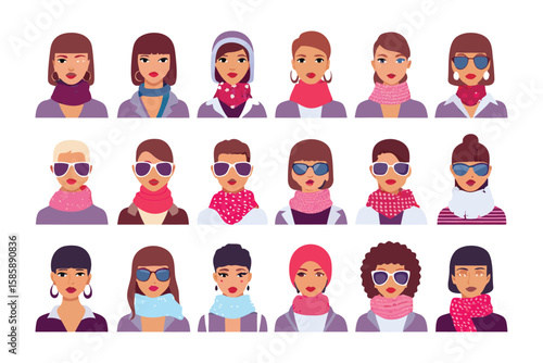 Diverse Fashion Portraits: A collection of female portrait avatars showcases a variety of fashion styles and expressions, celebrating diversity and individuality through clothing and accessories.