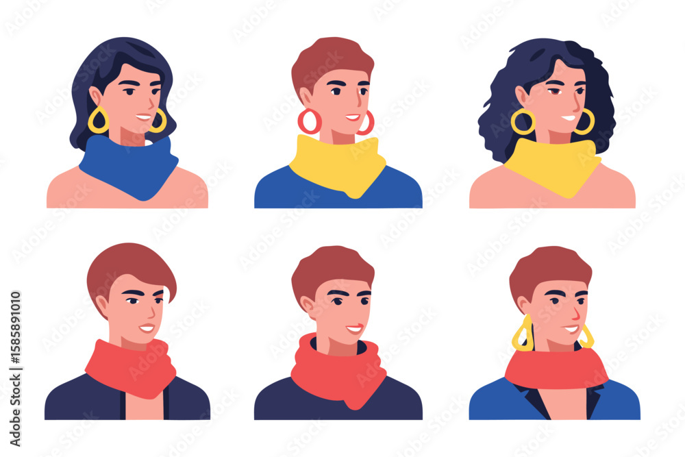 Set of Person with Scarf and Earring: Six diverse portraits of human, each wearing a unique scarf and stylish earring, capturing a blend of trendiness, elegance, and individuality in vector format. Set of Person with Scarf and Earring: Six diverse portraits of human, each wearing a unique scarf and stylish earring, capturing a blend of trendiness, elegance, and individuality in vector format.