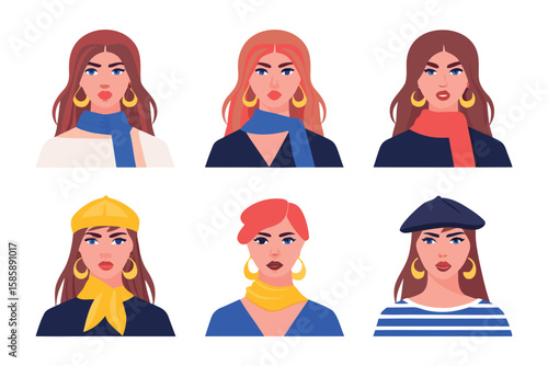 Elegant Fashionable Ensemble: A collection of sophisticated portraits showcasing women with various hairstyles and accessories, each embodying a unique style and allure.