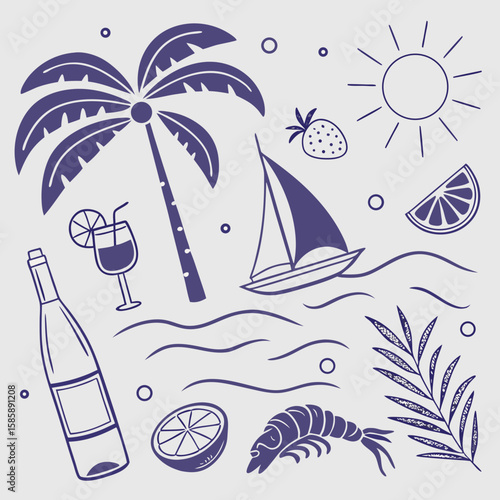Cute hand-drawn summer vacation illustration set featuring sailing boats, tropical cocktails, seashells, and palm leaves. Playful and stylish tropical elements in a seamless pattern design.


