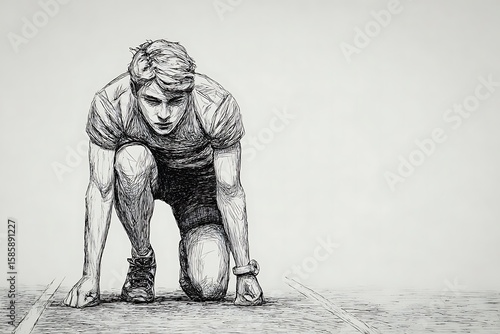Pen and ink drawing of a runner in the starting position.