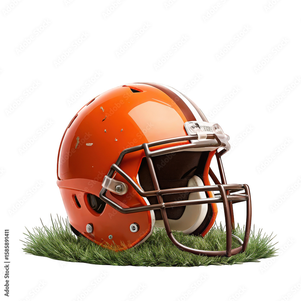 Fototapeta premium Orange american football helmet with brown stripes isolated on transparent background