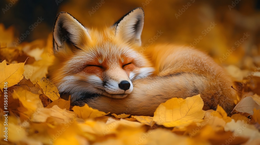 Obraz premium Cozy fox nestled in vibrant autumn leaves