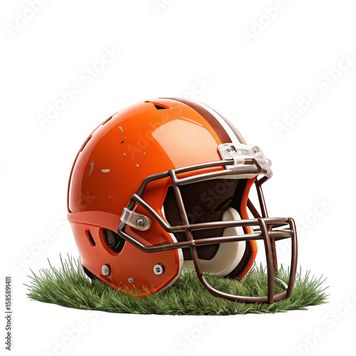 Orange american football helmet with brown stripes isolated on transparent background