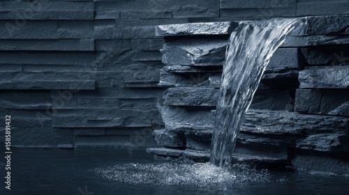 A close-up of water flowing over a slate stone wall, creating a tranquil and minimalist water feature.