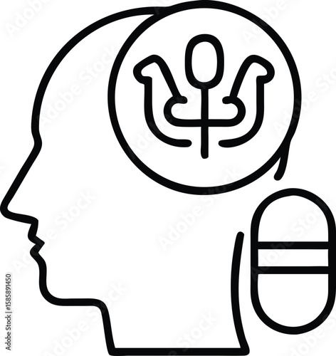 Psychological concept with head profile, psi symbol, and pill in simple line art