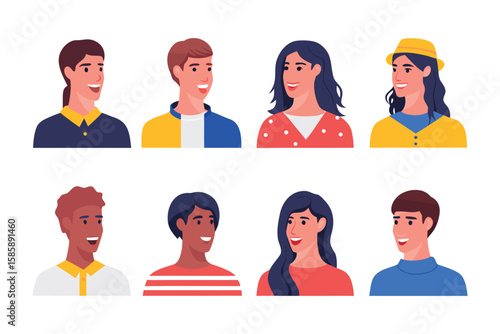 Portrait Collection of Smiling Faces: A collection of illustrations showcasing diverse faces, radiating happiness and optimism. Each person embodies a unique style.