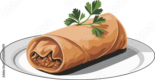 Delicious Lumpia Supreme:  Crisp Spring Roll on White Plate,  Garnished with Parsley; Asian Cuisine Stock Photo.