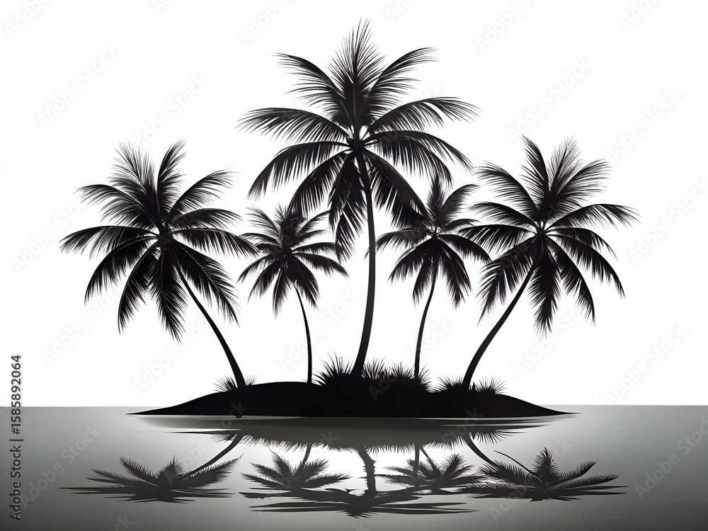 Fototapeta premium Silhouette of palm trees on a small island with reflection isolated on transparent background