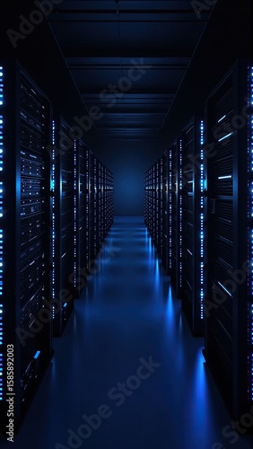 An endless row of servers glow with cool blue light in a dark, futuristic data center setting.