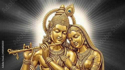 Happy krishna Janmashtami  golden statue of a man and a woman, the man is playing a flute and the woman is leaning in close to him. The woman is wearing a veil over her head and the man has a crown 